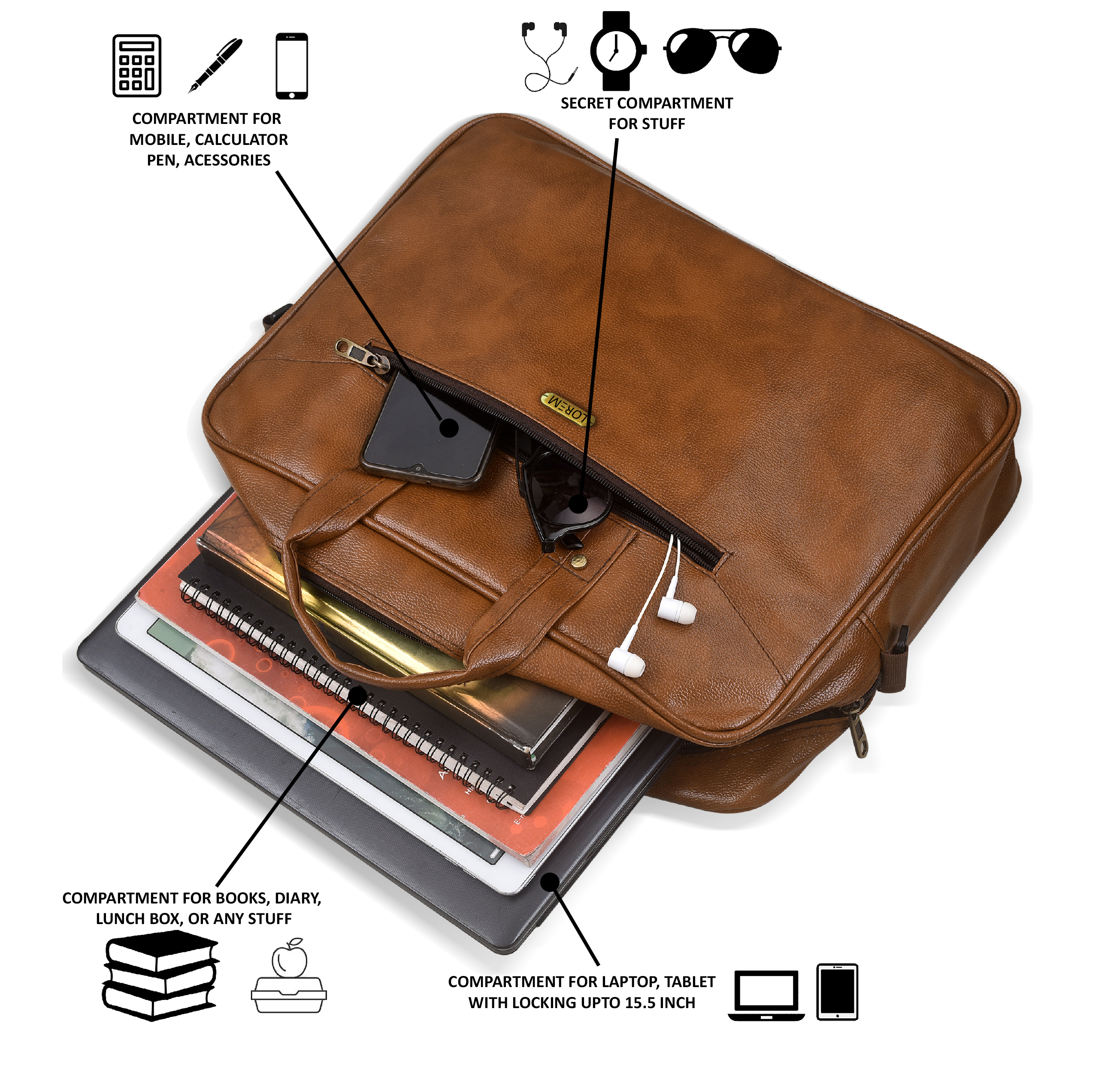 Tan Color Faux Leather 10l Office Laptop Bag For Men & Women Bg03